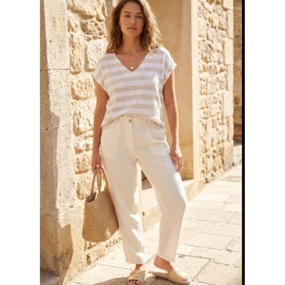 St. Tropez West Neutral Striped Linen Basic Shirt Medium Coastal Hamptons